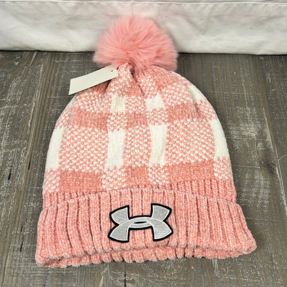 Under Armour Pink White Plaid Chenille Knit Beanie Faux Fur Pom Fleece Lined NEW - Picture 3 of 5